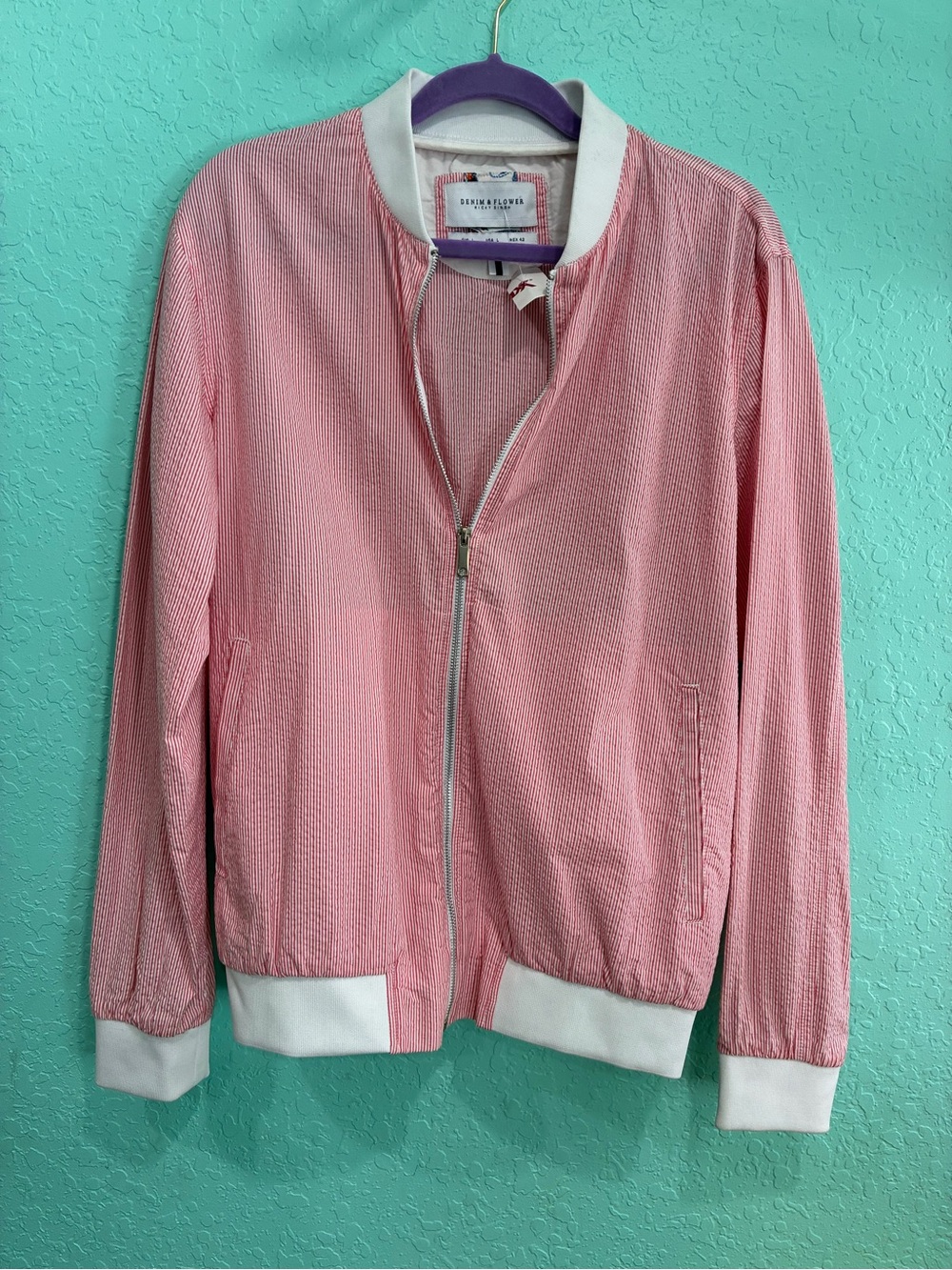 Denim & Flower Pink Seersucker Bomber Jacket Men’s Unisex L New summer